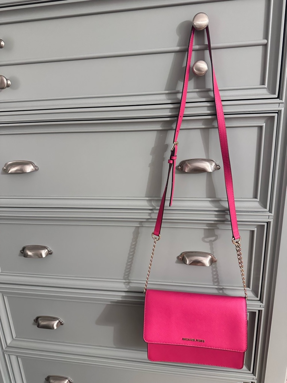 Michael Kors Hot Pink Leather Crossbody Bag with Gold Chain
